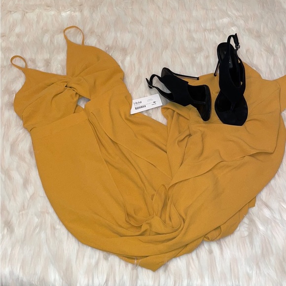 Lilyful Pants - Twist-Front Mustard Yellow Jumpsuit with Spaghetti Straps